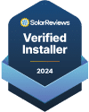 Badge with the SolarReviews logo and text: Verified Installer 2024 on a blue geometric background.