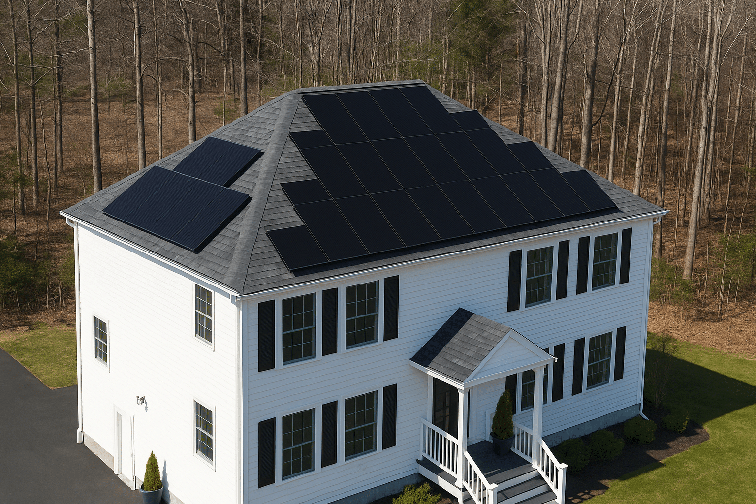 White two-story house with black shutters and solar panels by a leading Solar Energy Company, surrounded by trees and a driveway.