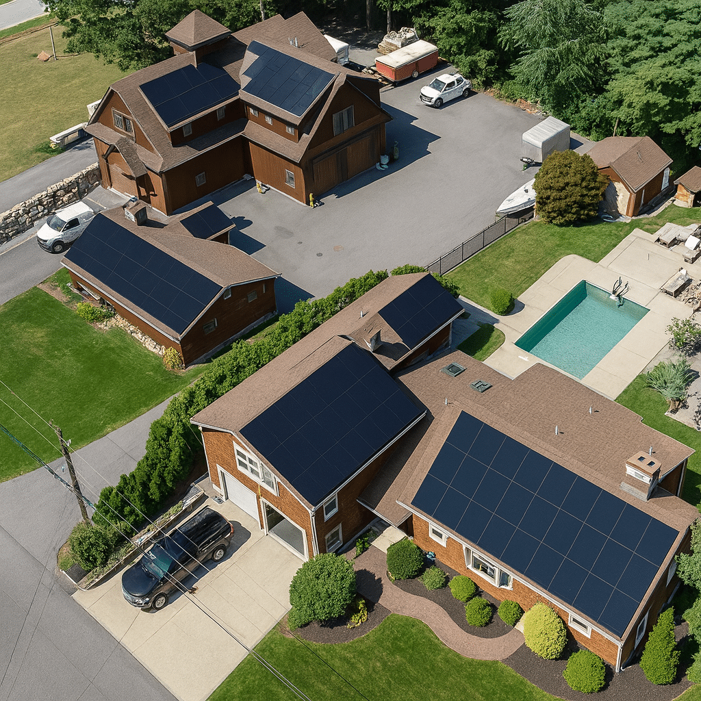 Aerial view of homes with solar panels, installed by a leading Solar Power Company, plus a pool, cars, and landscaped lawns.